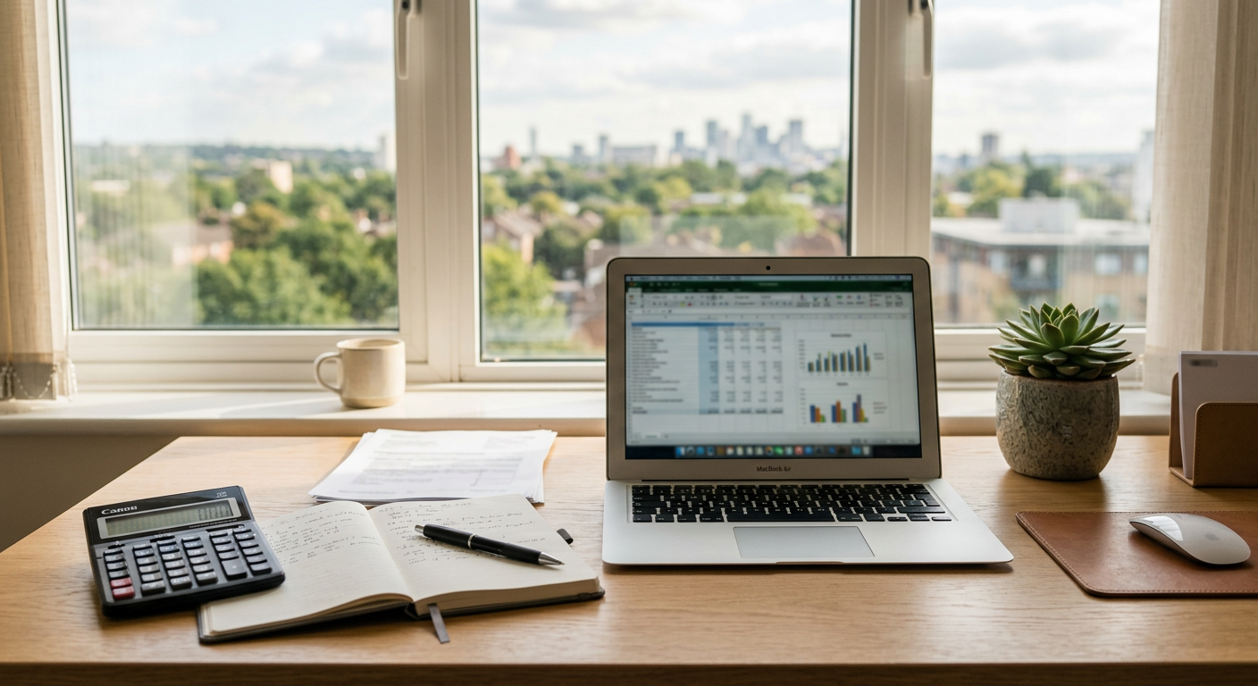 A tidy accountant's desk with a laptop, calculator and notebook