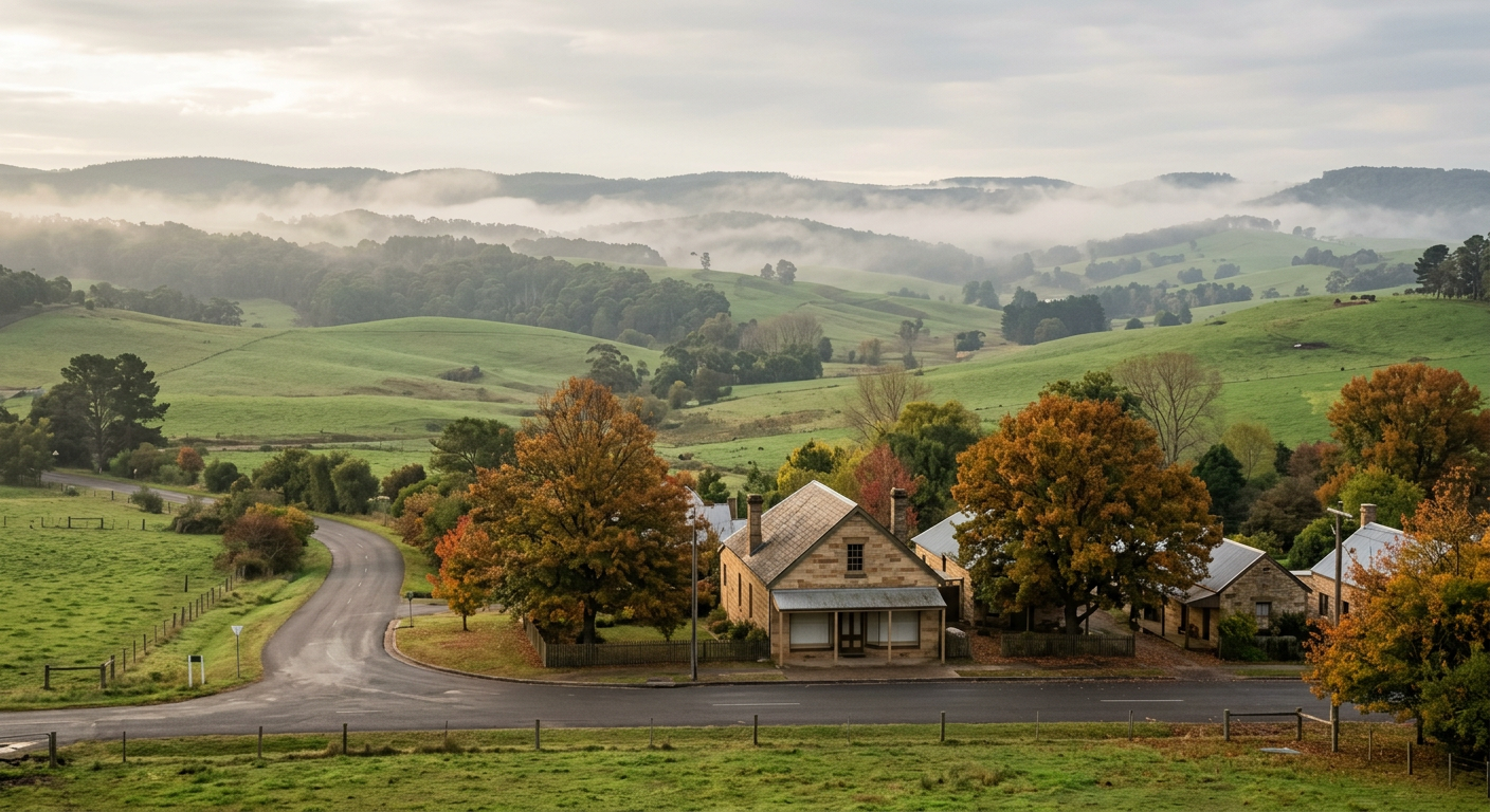Misty green hills and a heritage main street in the Southern Highlands, NSW
